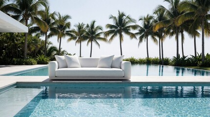 Obraz premium Modern white outdoor couch sits on edge of luxury swimming pool. Tropical palm trees, blue sky background at exotic summer resort. Relaxing lounge furniture on sun terrace offers peaceful vacation