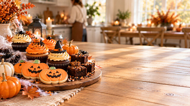 Halloween dessert table with pumpkin cookies, decorated cupcakes and chocolate brownies in a cozy autumn kitchen with pumpkins, candles and copy space