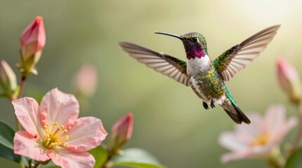 Fototapeta premium A stunning hummingbird hovers gracefully near pink flowers, showcasing its vibrant feathers and delicate wings in a serene garden setting. Perfect for nature lovers.