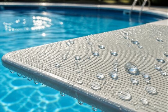 Diving board covered with water droplets at swimming pool