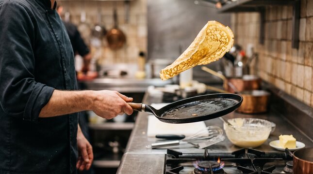 Chef flips a crepe in a professional kitchen with a gas stove and copper pots in the background