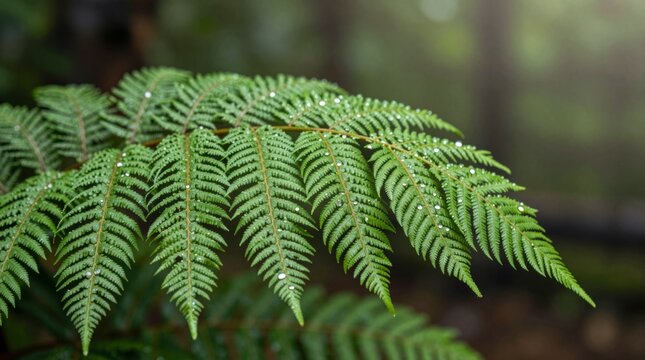 A vibrant close-up view of a fern surrounded by soft natural light, showcasing droplets of dew. A perfect representation of tranquility and nature's beauty.