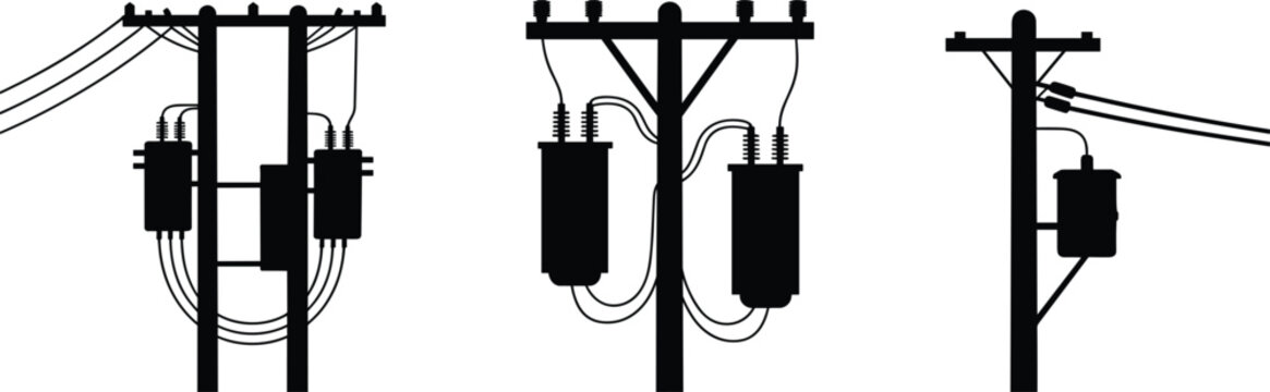 Electricity distribution transformers on poles with wires during daytime against a white background