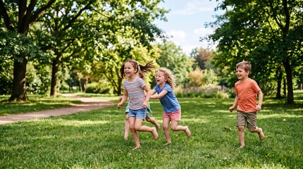 Obraz premium Joyful children running barefoot on green grass in a sunlit park with trees and blue sky