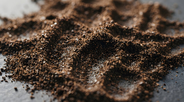 Coffee Particles Macro Texture, Rich Brown Granular Surface, Detailed Close-Up, Ideal for Backgrounds, Product Packaging, and Coffee-Themed Designs.