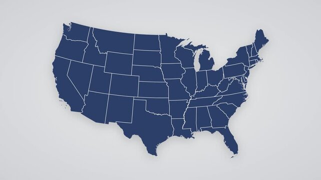 United States of America blue map appearing 48 states one by one with borders animation on grey background