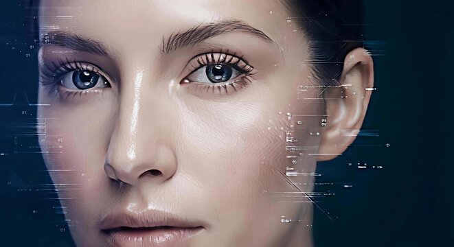 Close-up of a young woman face with futuristic digital facial skin analysis overlay.