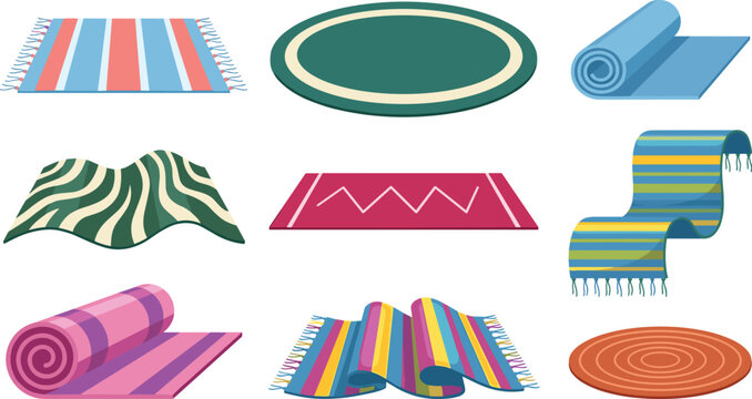 Home Carpet and Floor Rug Vector Illustration Set featuring Striped Woven Doormats Rolled Yoga Mats and Colorful Fabric Textiles for Interior Decoration Layouts
