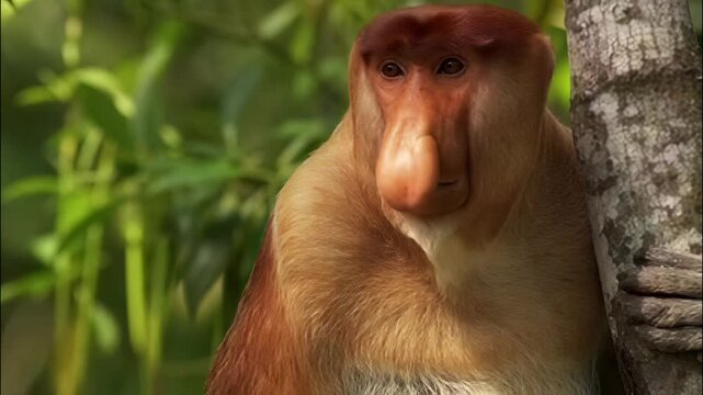 Close up portrait of a male proboscis monkey resting in the lush green rainforest canopy habitat