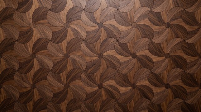Walnut wood parquet with swirling pinwheel marquetry pattern, rich dark brown hardwood inlay, seamless geometric wooden floor and wall texture for luxury interior design background
