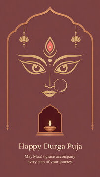 Minimal goddess durga face artwork with golden eyes diya lotus ornaments and arch celebrating durga puja navratri in simple spiritual festive design