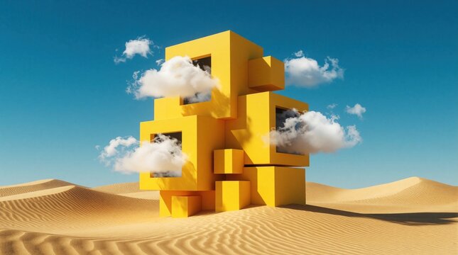 Surreal digital art shows yellow cube structures in vast sandy desert. Abstract square portals absorb white fluffy clouds under blue sky. Minimalist 3D rendering creates dreamlike illusion with
