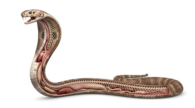 Cobra internal anatomy illustration showing skeleton and organs on white background.