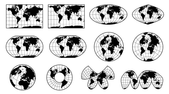 Collection of various world map projections and cartographic globe outlines