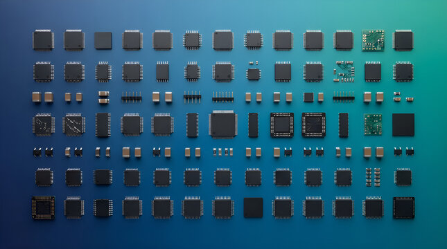 Collection of electronic microchips and semiconductor components arranged in grid