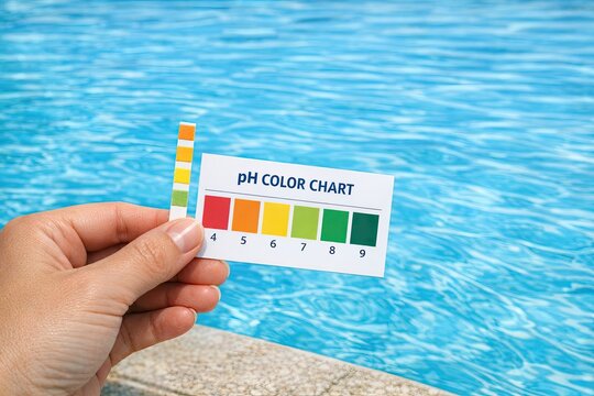 A person holds a pH color chart next to a swimming pool, useful for illustrating water chemistry concepts