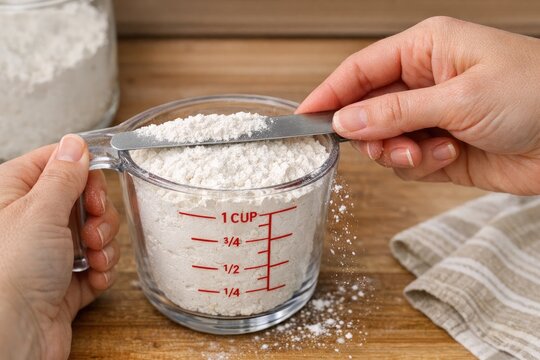A person measures ingredients in the kitchen