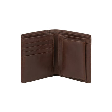 Open brown leather wallet with card slots isolated on a transparent