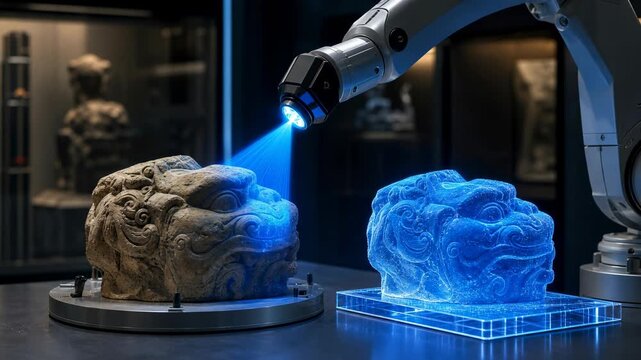 Robotic Scanner Projects Blue Light on Ancient Stone Sculpture in Museum, Showing Digital Replica, Scanning, and Preservation of Carved Artifacts