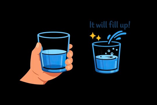 A person's hand holds two glasses, one filled with water and the other empty