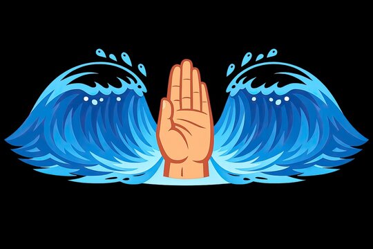 A person's hand partially submerged in a wave