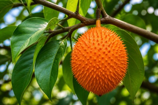 Gac fruit hanging ripening on tropical tree branch