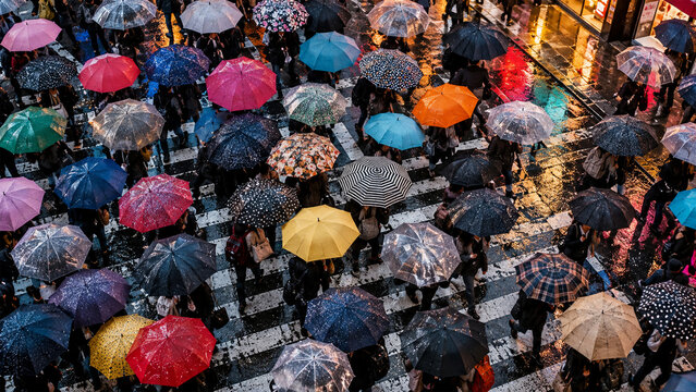 Crowd of pedestrians carrying colorful umbrellas across a wet city crosswalk during heavy rain, aerial urban street scene with vibrant reflections