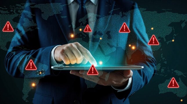 Businessman uses digital tablet to analyze global geopolitical risks. Man touches hologram world map with red warning icons on screen. Pro expert monitors international crisis, political instability,