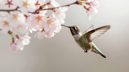 Fototapeta premium A vibrant hummingbird is seen drinking nectar from delicate cherry blossom flowers, capturing the essence of springtime beauty in nature.