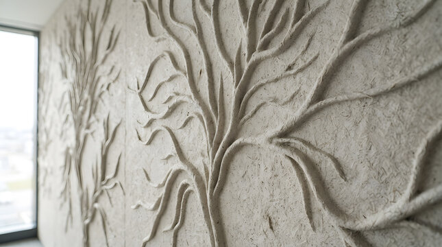 Textured Tree Relief Carving on Wall, Decorative Plasterwork Design, Organic Pattern, Interior Design Element, Artistic Wall Texture.