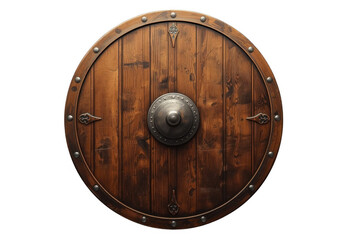 Obraz premium Round wooden medieval viking shield with metal boss