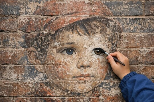 A person creates a street art piece by drawing a face on a brick wall, with bold lines and creative expression