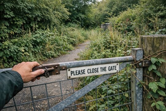 A person opens a gate with a sign asking others to close it