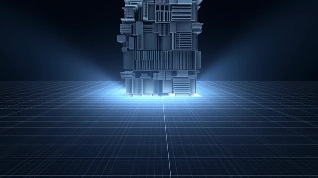 Metallic geometric tower slowly rotates over glowing blue grid, revealing stacked rectangular panels, ribbed surfaces, reflective edges, and modular forms against dark backdrop