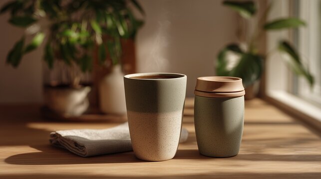 Modern Ceramic Coffee Cups on Wooden Surface with Houseplants
