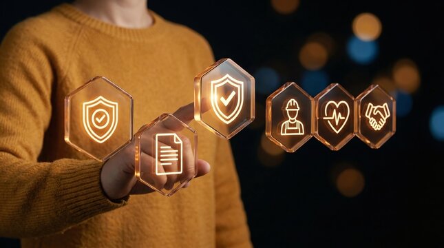 Futuristic Technology Security and Healthcare Icons Displayed by a Person
