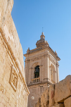 Limestone walls and bell tower detail of the Assumption Cathedral, Victoria - Gozo MALTA