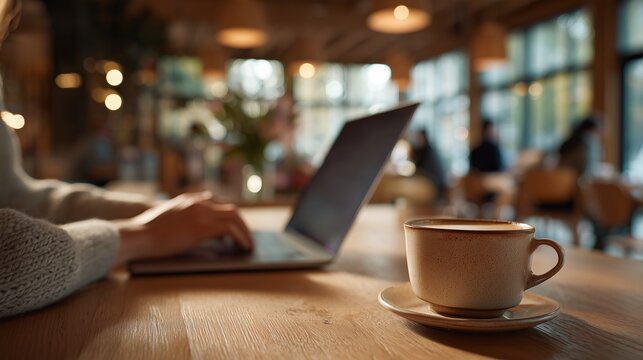 Person Working on Laptop in Cafe with Fresh Cup of Coffee
