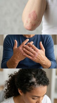 Chronic skin disorder: active psoriasis, epidermal lesion, scalp irritation, dry elbow, inflamed hand, medical symptom, dermatological condition, uncomfortable flare.