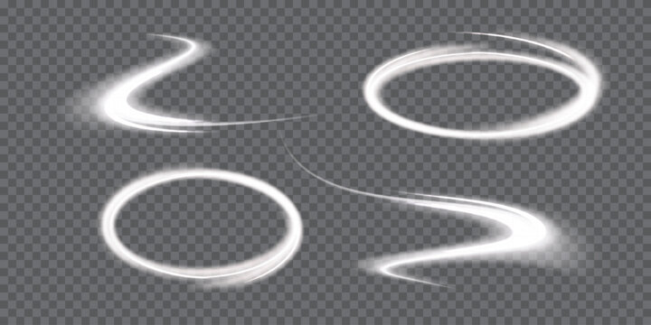 Neon laser motion lines sweep across city road, highway traffic. White light wave, forming futuristic energy trail, guiding speed direction. White air hides the whirlwind. Vector illustration png.
