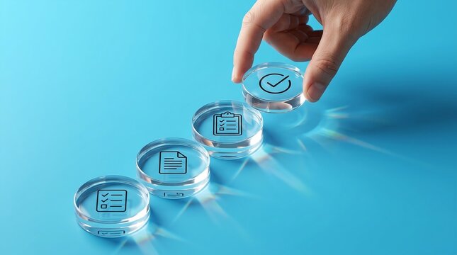 Hand placing check mark icon on transparent lapillus with other icons in a row