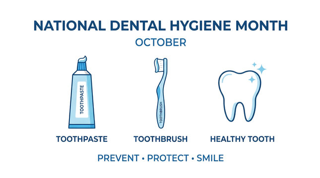 National dental hygiene month icons with toothbrush and tooth