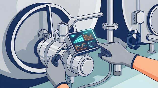 Technician hands using digital diagnostic screen on industrial stainless tank valve