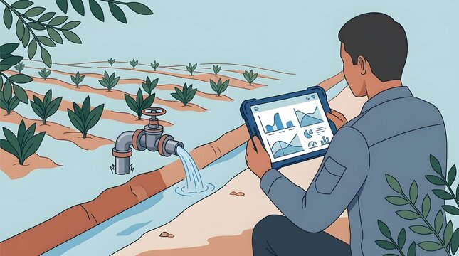 Agronomist holding digital tablet monitoring automated water valve irrigating crop canal