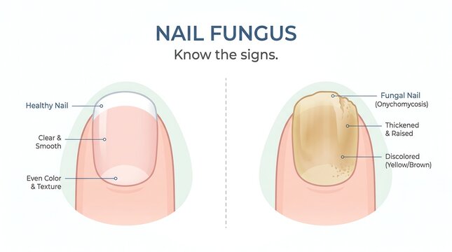 Nail fungus comparison diagram showing healthy nail versus infected onychomycosis nail with discoloration and thickening signs