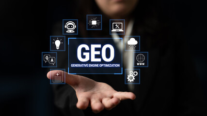 Obraz premium Professional Business Person Holding Hand Out with Virtual Icons Representing Generative Engine Optimization and Technology Concepts in Dark Background Fluxor.