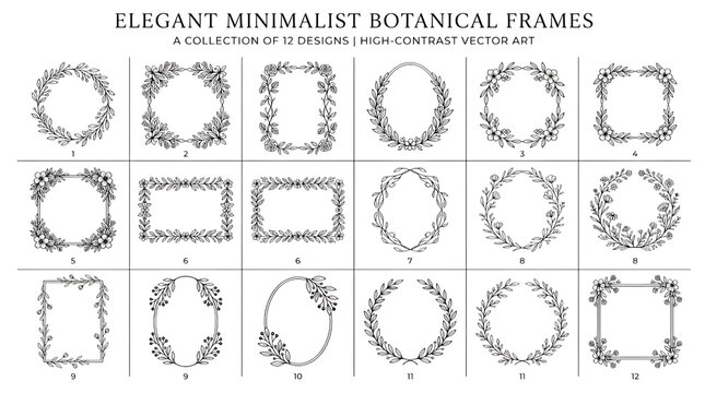 Set of black decorative floral frames and border elements