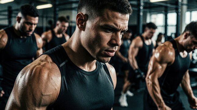 Focused pro athlete trains hard in modern gym. Strong muscular man shows intense concentration, mental toughness during workout. Group of fit men perform high intensity fitness drill to improve
