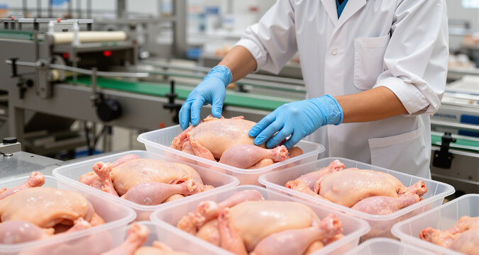 A worker is handling chicken in a factory. The chicken is in plastic trays. The worker is wearing gloves
