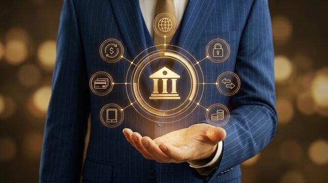 Professional holding holographic banking and financial technology symbols